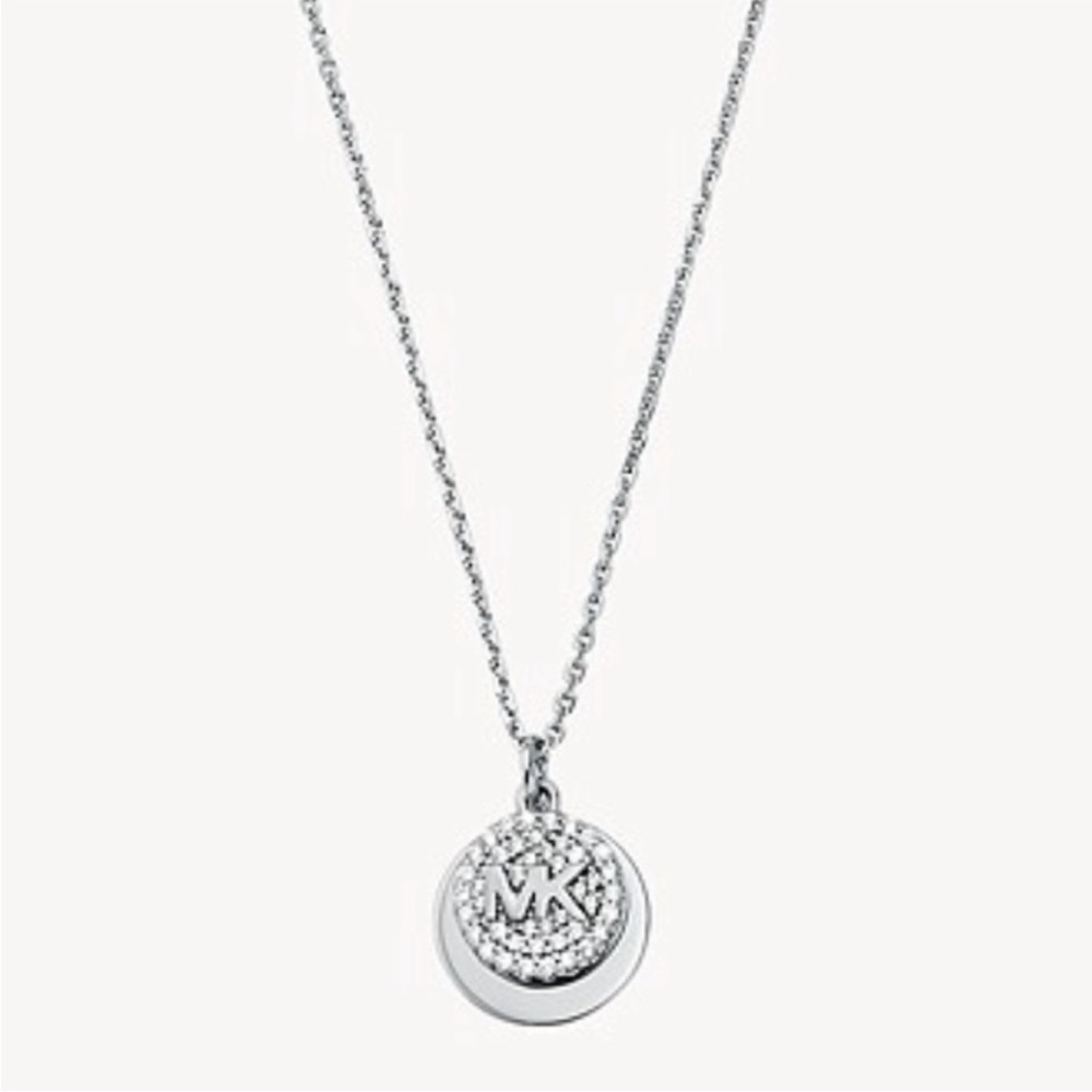 NWT Michael Kors Sterling Silver MK Circle Pendant Necklace, Petite in size